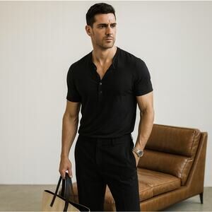 NEIL BARRETT Unstructured Slim Fit Henley T-Shirt Black Sz L $378 {V10}